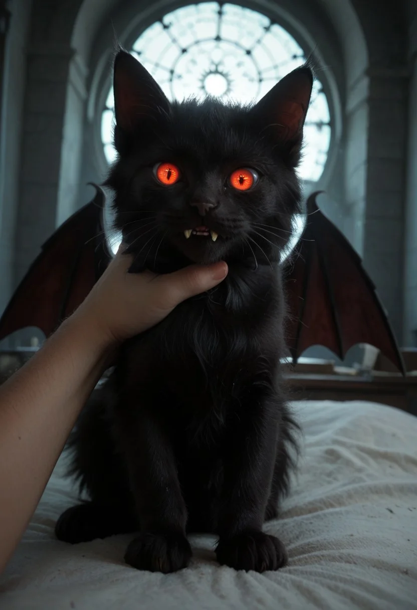 score_9, score_8_up, score_7_up, score_6_up, score_5_up,
best quality, masterpiece,
catbat, no humans, animal focus, black cat, bat wings, cute, fangs,
(angry:0.8), looking at viewer, glowing red eyes,
holding cat, pov hand,
full_of_soup, kitten, closed mouth, animal focus, lying, dutch angle,
witch laboratory background, soft dim light, cinematic, cozy, warm,