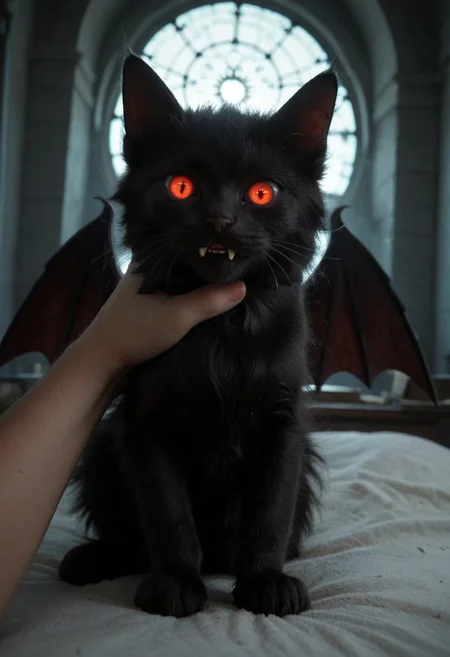 score_9, score_8_up, score_7_up, score_6_up, score_5_up,
best quality, masterpiece,
catbat, no humans, animal focus, black cat, bat wings, cute, fangs,
(angry:0.8), looking at viewer, glowing red eyes,
holding cat, pov hand,
full_of_soup, kitten, closed mouth, animal focus, lying, dutch angle,
witch laboratory background, soft dim light, cinematic, cozy, warm,