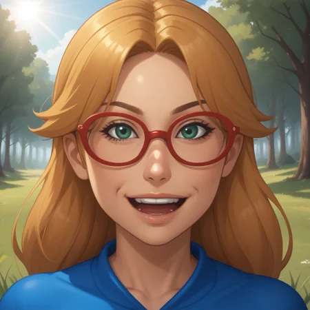 score_9, score_8, BREAK, solo, wii, mii, wii sports, 1girl, female mii, green eyes, dark blonde hair, brown eyebrows, red glasses, open mouth, dark blue clothing, white pants, flip flops, nintendo mii, modern_mii, classic_mii, breasts, ashley_(wii_sports), cute, sexy pose, smile, outdoors, sunlight, shadows, evening lighting, natural lighting, forest, trees, grass, orange sky, sunset