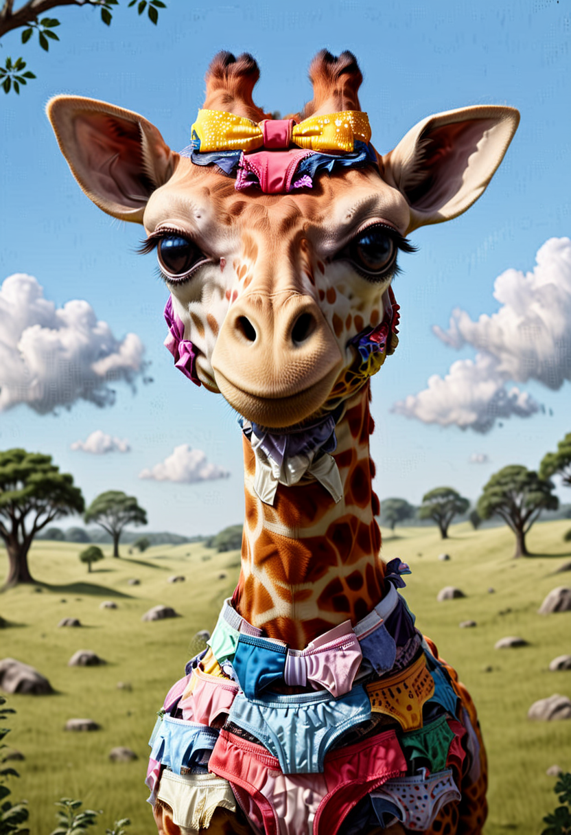 award winning,   A P4NT13S giraffe in a polka-dot bowtie,  painting a whimsical masterpiece on a giant canvas in the middle of a sunny savannah   ,enhanced textures, creative, beautiful, vibrant, masterpiece, 8k, Ultra HD, amazing details, amazing quality, amazing artist, sharp edges, detailed textures, full view, atmospheric lighting, amazing visuals