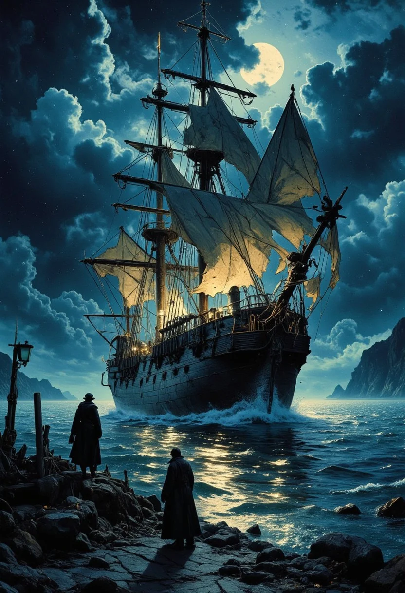 masterpiece, best quality, create a detailed oil painting in the form of oil painting, painting. Dark starless night. An old pirate frigate emerges from a mysterious mystical fog in the Atlantic Ocean right in front of a boat with two sailors, dumbfoundedly looking at the eerie ghost ship, shrouded in silvery glow. Tattered sails flutter in the wind, and the dilapidated hull of the frigate is washed by the sides of the night ocean hitting it. On the deck you can also see the ghostly crew of the ship, all of them skeletons in torn clothes, turned into rags. Gloomy atmosphere of dark fantasy., Cinematic, beautiful, vibrant, masterpiece, 32k, ultra HD, ultra-detailed, amazing quality, amazing artist, sharp edges, detailed textures, full view, atmospheric lighting, amazing visuals