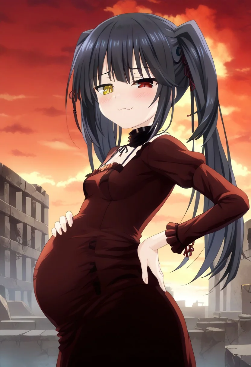 anime screencap, anime coloring, best quality,
outdoors, old city, ruins, sky
BREAK
hands on back, hand on own stomach,
kurng, long hair, black hair, twintails, red eyes, yellow eyes, heterochromia, clock eyes,
black tube dress,
standing, legs apart,
looking at viewer, blush, smug, half closed eyes,
upper body, from side, (bloated stomach:0.8)