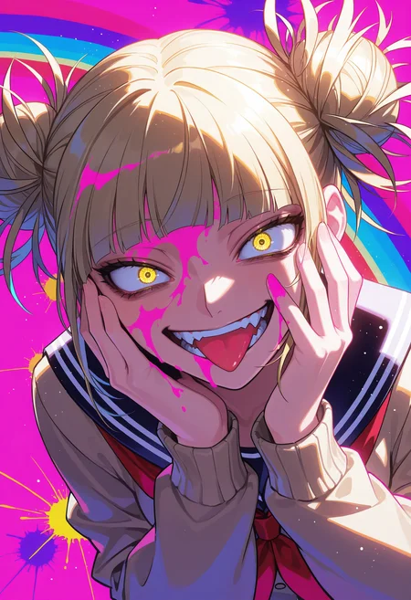 1girl, toga himiko, teeth, open mouth, pink blood on face, smile, tongue out, double bun, crazy eyes, pink blood, hands on own cheek, upper body, school uniform, (pink:0.7) colorful background, detailed background, backlighting, from above, dutch angle, close-up, dutch angle, (colorful:1.2), rainbow, light particles, from above,