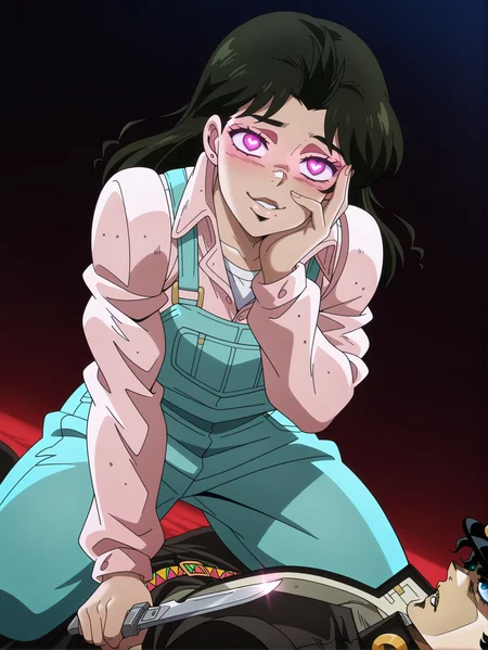 masterpiece, best quality, amazing quality, absurdres, newest, dynamic_angle, defined facial features, anime coloring, anime screencap, full body,
<lora:Anne_Merlai_IL1.1v0:1> merlai anne, pink shirt, green overalls, white undershirt, yandere trance, glowing eyes, dark background, heart-shaped pupils, holding switchblade knife, girl on top,
1boy, kujo jotaro, kujo jotaro on ground,