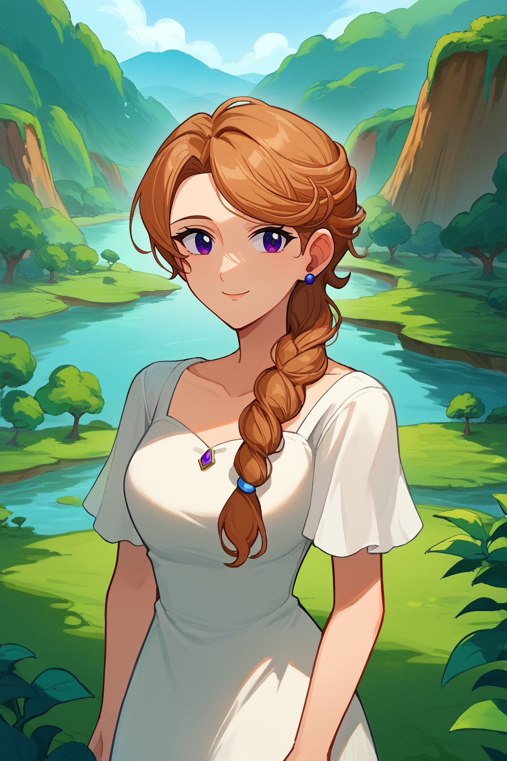 score_9, score_8_up, score_7_up, BREAK 1girl, solo <lora:NSJodiStardew:1> NSJodiStardew, light brown hair, purple eyes, single braid, stud earrings, mature, make-up, nature, smile, cover, curly hair, floating island, jewelry, river, dress, moss, long hair, light smile, leaf, white dress, meme, science fiction, earrings