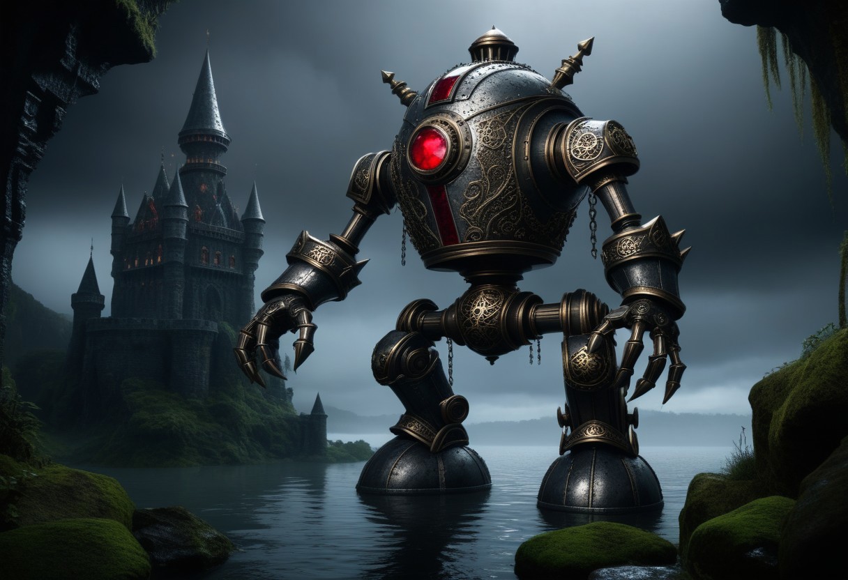 giant bipedal robot pewter silver and ruby red stripes and bronze gold paisley robot. lacy robot cube spiked. head. outside of a steampunk keep. large detailed torso. dark image. one forty foot tall ancient robot with great arms and two heavy spring legs. dark foggy night background. $dark foggy night image only. dark photo realistic image. steampunk details. cogs, chains and pipes incorporated in the fantasy buildings. magic wizards tower in background. Dark swamp, moss, castle ruins, wizards tower. stormy dark night. small floating machines