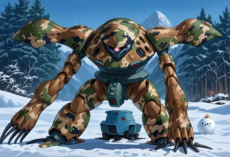 score_9, score_8_up, score_7_up, source_anime, front view, BREAK, ( hygogg, grey_hygogg_armor, camo painted hygogg, pink monoeye, looking at viewer, leaning forward, long arms, very long arms, long claws) 1mech, camo painted mech, wide mech, large shoulders, large shoulder armor, mech focus, solo, BREAK, in snow, making snowman, hygogg wearing knit cap, waving, arm raised, two arms, ral-camo