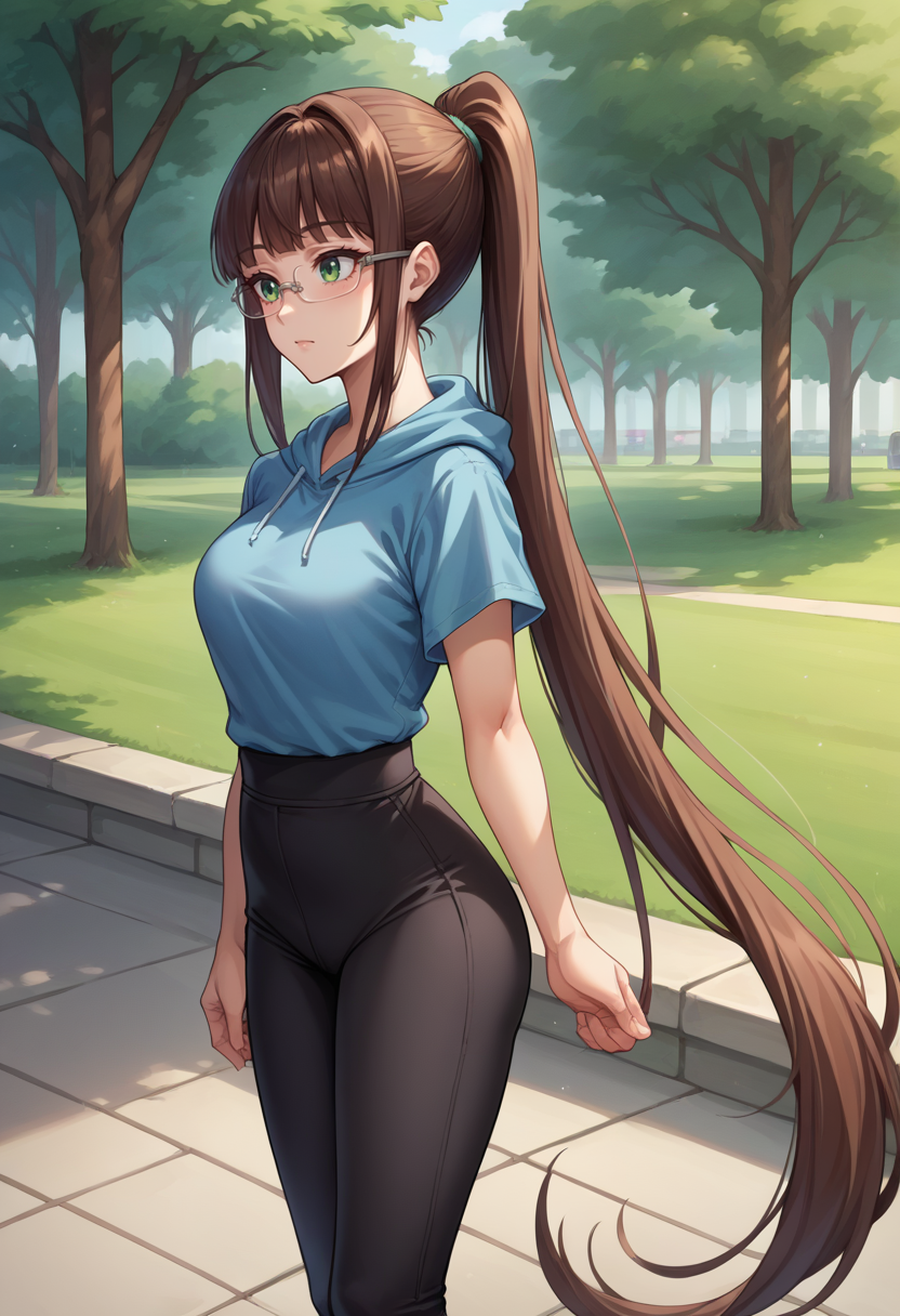 score_9, score_8_up, source_anime, 1girl, RuriMiyamoto, brown hair, bangs, very long hair, ponytail, green eyes, glasses, outdoors, park, blue hoodie, high-waist pants, yoga pants, black pants, light blush, <lora:ChamRuriMiyamotoPonyXL:1>