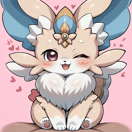 anime style,solo,1boy,  furry, purrely, sfw,ygo, pink background, hearts, one eye closed, cute,  <lora:YGO:1>, <lora:Purrely:1>