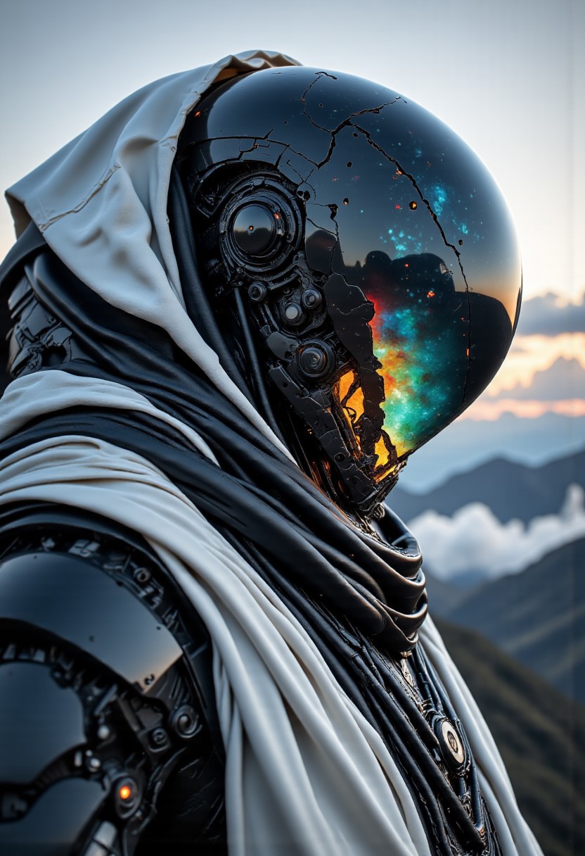 Head Closeup, dark-mood-mod, a photorealistic image, depicting a sleek armored mech-knight with exposed wires and intricate technical parts. A Future soldier in dynamic Pose. featureless humanoid with a translucent, reflective head that resembles a helmet or mask. The head is a polished, iridescent translucent surface that reflects and refracts light, showing a mesmerizing mix of colors including deep blues 
 and hints of red, suggesting a blend of nebulae and cosmic phenomena. The scene is set at dusk, with the sky transitioning from a soft, pale blue to a deeper, cooler hue, and the horizon lined with wispy, scattered clouds. The dominant feature in the image is His mechanical mechanical edgy shoulder armor, jagged and broken resembling a translucent sss Planet, oversized and intricate, its translucent milky surface and luminous translucent Material stark against the sky. dressed in a Armor with a long, flowing white robe that appears to be made of a dark, coarse translucent material, blending into the dark tones of the landscape. (raytracing:1.3), (ambient occlusion), (cinematic lighting:1.3), (chromatic aberration), (4K image quality:1.3), (sharp detail:1.3), (highly realistic:1.3), (dim warm cinematic lighting:1.3)