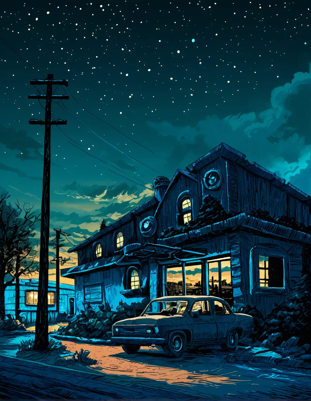 score_9, score_8_up, score_7_up,
t1md0yl3, outdoors scenery, sky, cloud, tree, no humans, night, star (sky), motor vehicle, starry sky, door, car, road, house, power lines, utility pole, red sky
<lora:tim_doyle-Pony-v1:1>