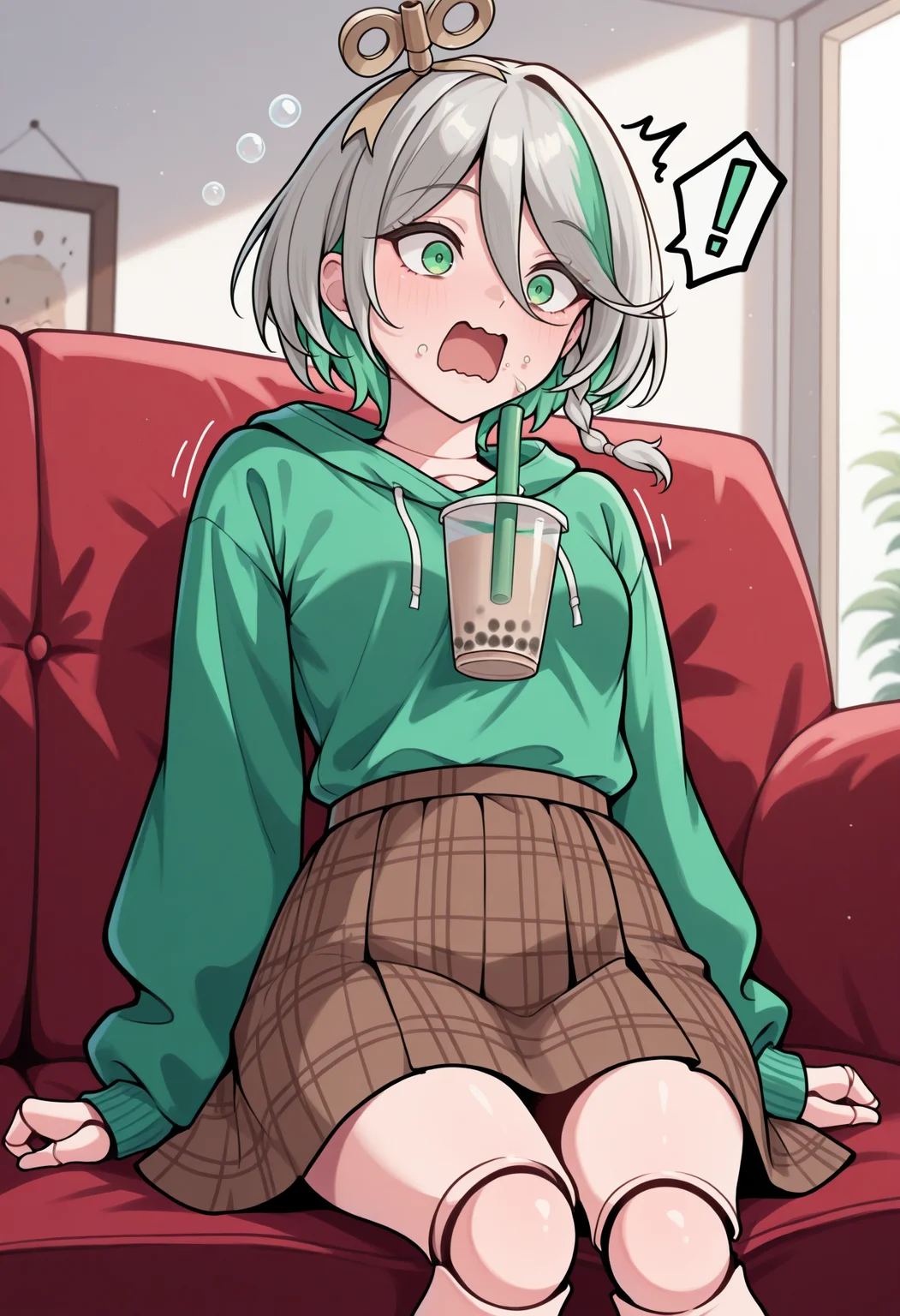masterpiece, best quality, 1girl, solo, CeciliaImmergreen, green eyes, winding key hair ornament, doll joints, grey hair, colored inner hair, streaked hair, short hair, side braid, surprised, wide-eyed, spoken exclamation mark, open mouth, screaming, wavy mouth, bubble tea challenge, falling bubble tea, spill, splashing, small breasts, motion lines, green hoodie, brown skirt, plaid skirt, sitting, on couch, indoors, <lora:ChamCeciliaImmergreenIllustriousXL:1>
