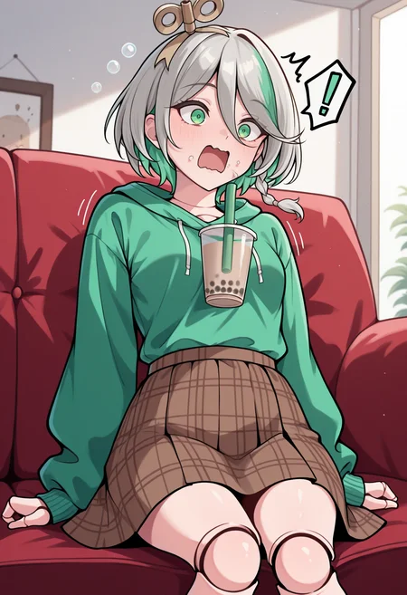 masterpiece, best quality, 1girl, solo, CeciliaImmergreen, green eyes, winding key hair ornament, doll joints, grey hair, colored inner hair, streaked hair, short hair, side braid, surprised, wide-eyed, spoken exclamation mark, open mouth, screaming, wavy mouth, bubble tea challenge, falling bubble tea, spill, splashing, small breasts, motion lines, green hoodie, brown skirt, plaid skirt, sitting, on couch, indoors, <lora:ChamCeciliaImmergreenIllustriousXL:1>