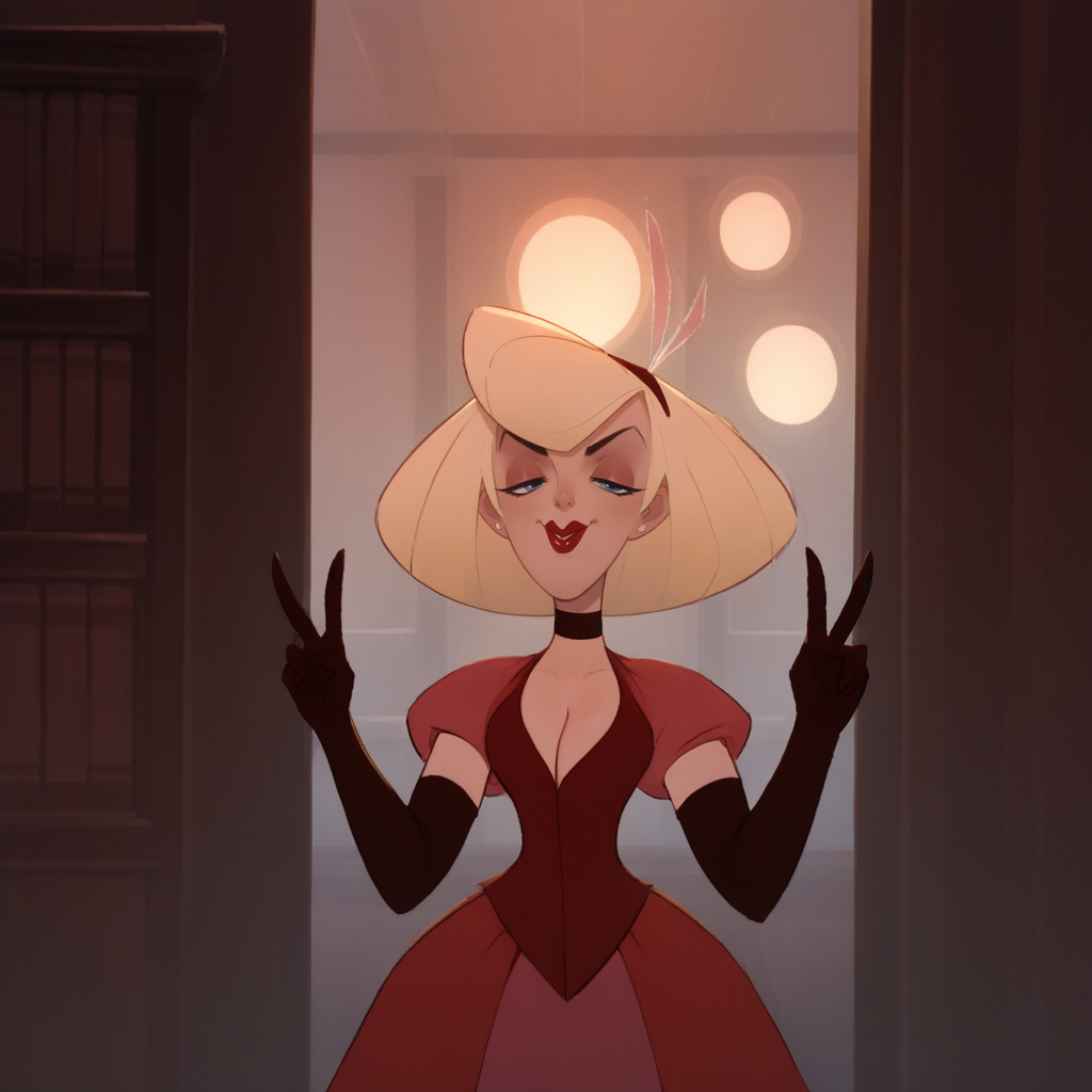 score_9_up, score_8_up, BREAK, katrina, 1girl, solo, blonde hair, lipstick, choker, dress, cleavage, puffy sleeves, elbow gloves, cowboy shot,  <lora:Katrina_TheBraveLocomotive_PXL_Leaf1-000010:1>, indoors,   double v,