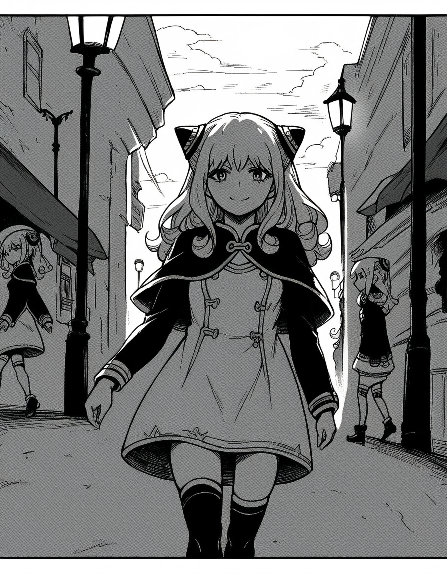 score_9, score_8_up, score_7_up, source_anime, <lora:ashe-talton-manga-ponyxl-lora-nochekaiser:1>, rengoku ashe, long hair, greyscale, monochrome,, thighhighs, long sleeves, capelet, cape, dress, white dress,, city street, evening, streetlights, walking dog, quiet neighborhood, gentle breeze, smile, looking at viewer, solo,, cowboy shot, dutch angle