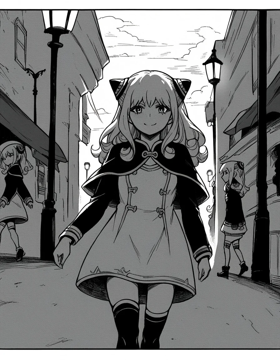 score_9, score_8_up, score_7_up, source_anime, <lora:ashe-talton-manga-ponyxl-lora-nochekaiser:1>, rengoku ashe, long hair, greyscale, monochrome,, thighhighs, long sleeves, capelet, cape, dress, white dress,, city street, evening, streetlights, walking dog, quiet neighborhood, gentle breeze, smile, looking at viewer, solo,, cowboy shot, dutch angle