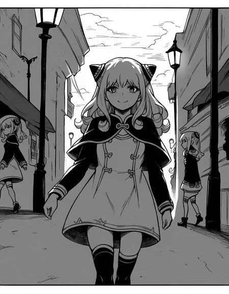 score_9, score_8_up, score_7_up, source_anime, <lora:ashe-talton-manga-ponyxl-lora-nochekaiser:1>, rengoku ashe, long hair, greyscale, monochrome,, thighhighs, long sleeves, capelet, cape, dress, white dress,, city street, evening, streetlights, walking dog, quiet neighborhood, gentle breeze, smile, looking at viewer, solo,, cowboy shot, dutch angle