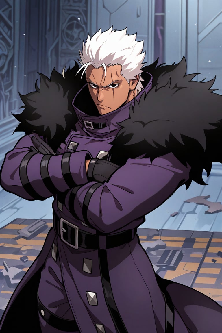 masterpiece, best quality, absurdres, newest, perfect quality, best quality, absolutely eye-catching, detailed background, intricate details, very awa, BREAK, detailed, masterpiece, best quality, good quality, newest, anime coloring, BREAK, male focus, krizalidkof, white hair, black eyes, scar across eyes, dark-skinned male, 1boy, solo, cowboy shot, coat, fur trim, belt, muscular male, from above, crossed arms, arms across chest, annoyed,
