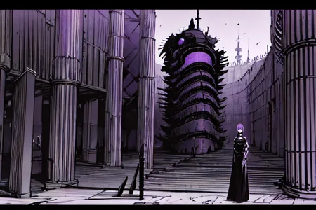 highly insanely detailed, masterpiece, top quality, best quality, highres, 4k, 8k, RAW photo, (very aesthetic, beautiful and aesthetic),
tsutomu nihei,nihei_tsutomu,blame!,blame gakuen!,abara,TNstyle,sidonia_no_kishi,concrete walls,metal walls,dome,bones,fence,drainpipe,lantern,letterboxed,
<lora:blameLora_v10:0.8>,
(1girl:1.3),
solo focus,
roman architecture background,(pure purple background,transparent background:1.2),âââ