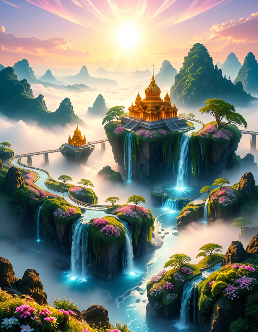 A mesmerizing celestial background featuring an otherworldly paradise. Towering crystalline mountains with peaks that glow softly under a sky painted in shifting hues of iridescent blues, pinks, and golds. Rivers of liquid light flow through vast, open meadows filled with luminescent flowers that pulse with a gentle glow. Gigantic, translucent trees with silver leaves sway in a breeze that carries floating particles of golden dust. Suspended bridges made of shimmering energy connect ancient, floating monoliths engraved with intricate celestial patterns. In the distance, an enormous radiant waterfall cascades into a bottomless, mist-covered abyss, reflecting the surrounding ethereal glow. A tranquil atmosphere, untouched and divine, filled with an overwhelming sense of wonder and serenity.
<lora:SDXLFaeTastic2400:0.4> <lora:extremely_detailed:0.4> extremely detailed, <lora:heavenly_l4ndsc4p3:1>,heavenly l4ndsc4p3, Masterpiece,best quality,hi res,8k,hi res,8k,award winning,(sharp focus, intricate, highly detailed),