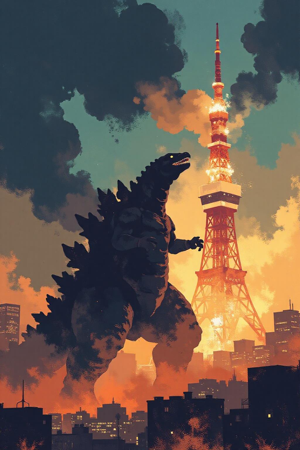 Godzilla breathing fire on Tokyo tower  <lora:minimalist_flat_nocap_nbm:1.0> <lora:Flux-Sch-SingleBlocks-BF16:1.0><lora:797950128687411755:0>