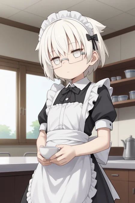 score_9, score_8_up, score_7_up, source_Anime, 1girl, y4m4sh1t4u3n0s4n, short hair, white hair, glasses, white eyes, jitome, maid, maid apron, indoors, solo <lora:YamashitaUenoByJuninholara21:0.8>