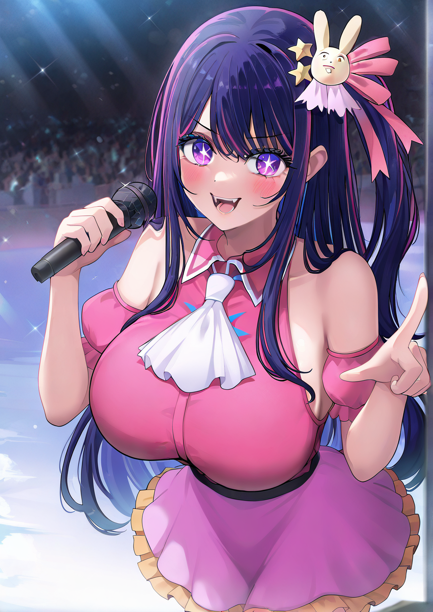 <lora:Giga-Tera:1>,1girl, hoshino ai \(oshi no ko\), detailed background, huge breasts, wide hips, :d, ascot, bare shoulders, blush, collared shirt, detached sleeves, fangs, frilled skirt, frilled sleeves, frills, hair ornament, hair ribbon, holding, holding microphone, idol, idol clothes, long hair, looking at viewer, microphone, multicolored hair, open mouth, pink ribbon, pink shirt, pink skirt, pointing, pointing at viewer, puffy short sleeves, puffy sleeves, purple eyes, purple hair, rabbit hair ornament, ribbon, shadow, shirt, short sleeves, sidelocks, skirt, sleeveless, sleeveless shirt, smile, solo, star-shaped pupils, star (symbol), star hair ornament, streaked hair, symbol-shaped pupils, teeth, white ascot, 
very awa, masterpiece, best quality, highres, absurdes,amazing quality