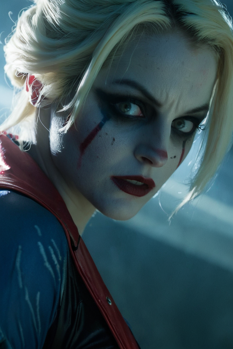 <lora:Emma_Corrin_SDXL_101:0.8> emmacorrin101 1girl cinematic photo Close-up Harley Quinn , angry expression, dirty face, finely detailed eyes, moody, comic clothes, epic scene, epic composition, Photography, Cinematic Lighting, Volumetric Lighting, ethereal light, intricate details, extremely detailed volumetric rays 35mm photograph, film, bokeh, professional, 4k, highly detailed . Eerie, unsettling, dark, spooky, suspenseful, grim, highly detailed