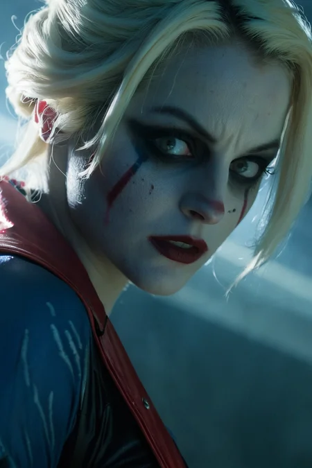 <lora:Emma_Corrin_SDXL_101:0.8> emmacorrin101 1girl cinematic photo Close-up Harley Quinn , angry expression, dirty face, finely detailed eyes, moody, comic clothes, epic scene, epic composition, Photography, Cinematic Lighting, Volumetric Lighting, ethereal light, intricate details, extremely detailed volumetric rays 35mm photograph, film, bokeh, professional, 4k, highly detailed . Eerie, unsettling, dark, spooky, suspenseful, grim, highly detailed