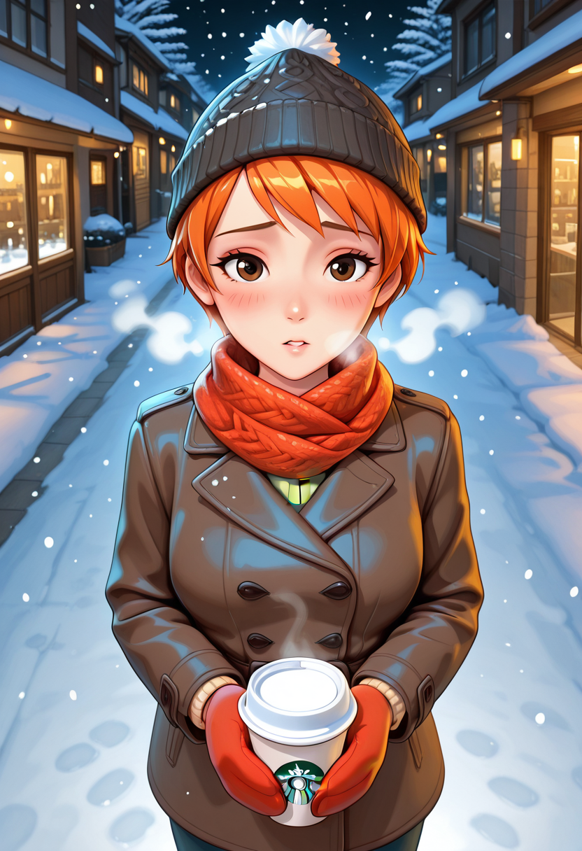 Graphic Design, color art, vibrant colors, colorful, intricate details, high contrast, detailed background, beautiful detailed, beautiful face, detailed eyes, detailed face, new, 1girl, solo, l3r4, short hair, orange hair, brown eyes, medium breasts, winter, snow, winter clothes, looking at viewer, dynamic pose, perspective, night, street, dark, cowboy shot, from above, high angle, steamy breath, holding starbucks cup, coffee, snowing, snow flakes, blush, parted lips, shy, scarf, mittens, beanie, (masterpiece, best quality, newest, recent, absurdres),