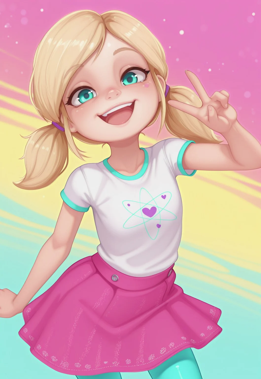 fc7ilf, chelsea_illus_casual, twintails, aqua eyes, blonde hair, white shirt, short sleeves, pink skirt, leggings, 1girl, solo, abstract background, looking at viewer, upper body, smile, v, dynamic pose, open mouth, dynamic angle, colorful background, detailed, masterpiece, absurdres, highres, newest,