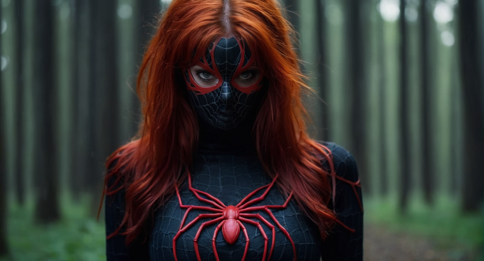 Dark Fantasy Art of <lora:Symbiote:1> Cinematic Film stock footage in (arri alexa style) Kodak film print,
a woman with red hair and a spider carnage costume symbiote style, dark, moody, dark fantasy style