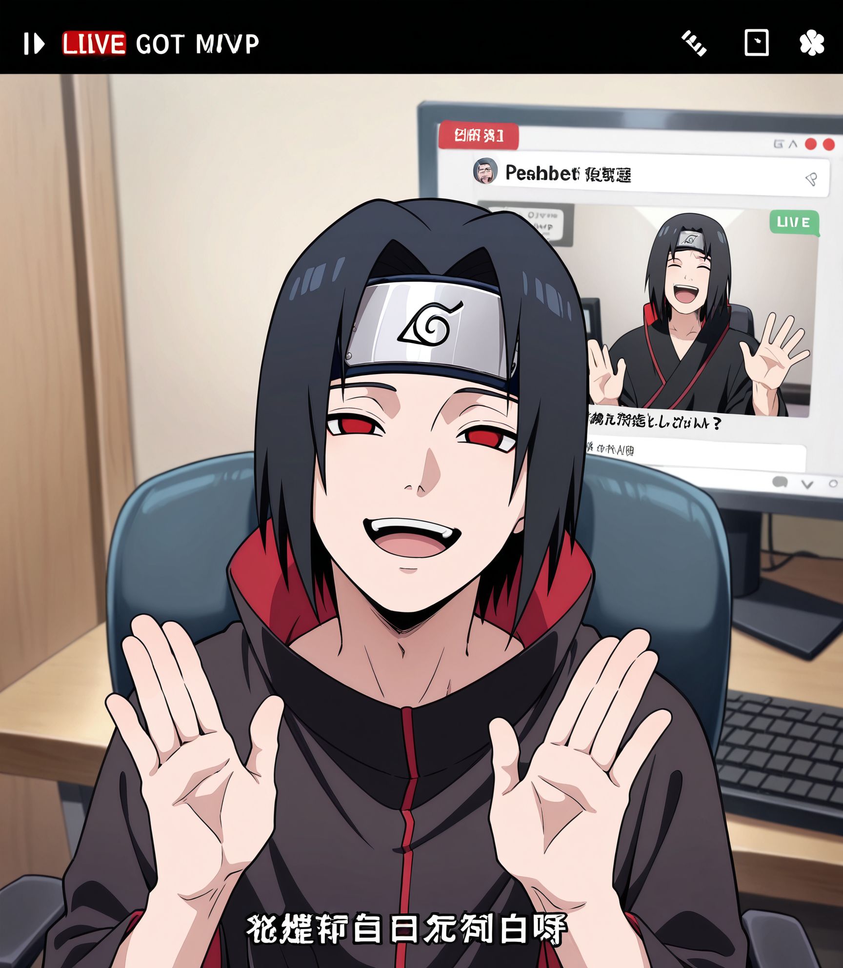 masterpiece, best quality, newest, absurdres, highres, detailed eyes, beautiful, detailed background, perfect eyes, anime coloring, anime screencap,
 uchiha itachi, naruto \(series\),  black robe,office chair,
black hair, forehead protector, red eyes, sharingan, sportswear, 
Y-Tube,livestream,chat log,chair,keyboard ,monitor,super chat,comment,
<lora:My_dad_got_the_MVP:0.6>My dad got the MVP,Reach out,
Got the MVP, (Hands raised with palms) facing outward,half-closed eyes, 
1boy, male focus,smile,open mouth,indoors, sitting, (waving:1.2), 
shirt,solo,closed eyes,holding,subtitled,meme,upper body,