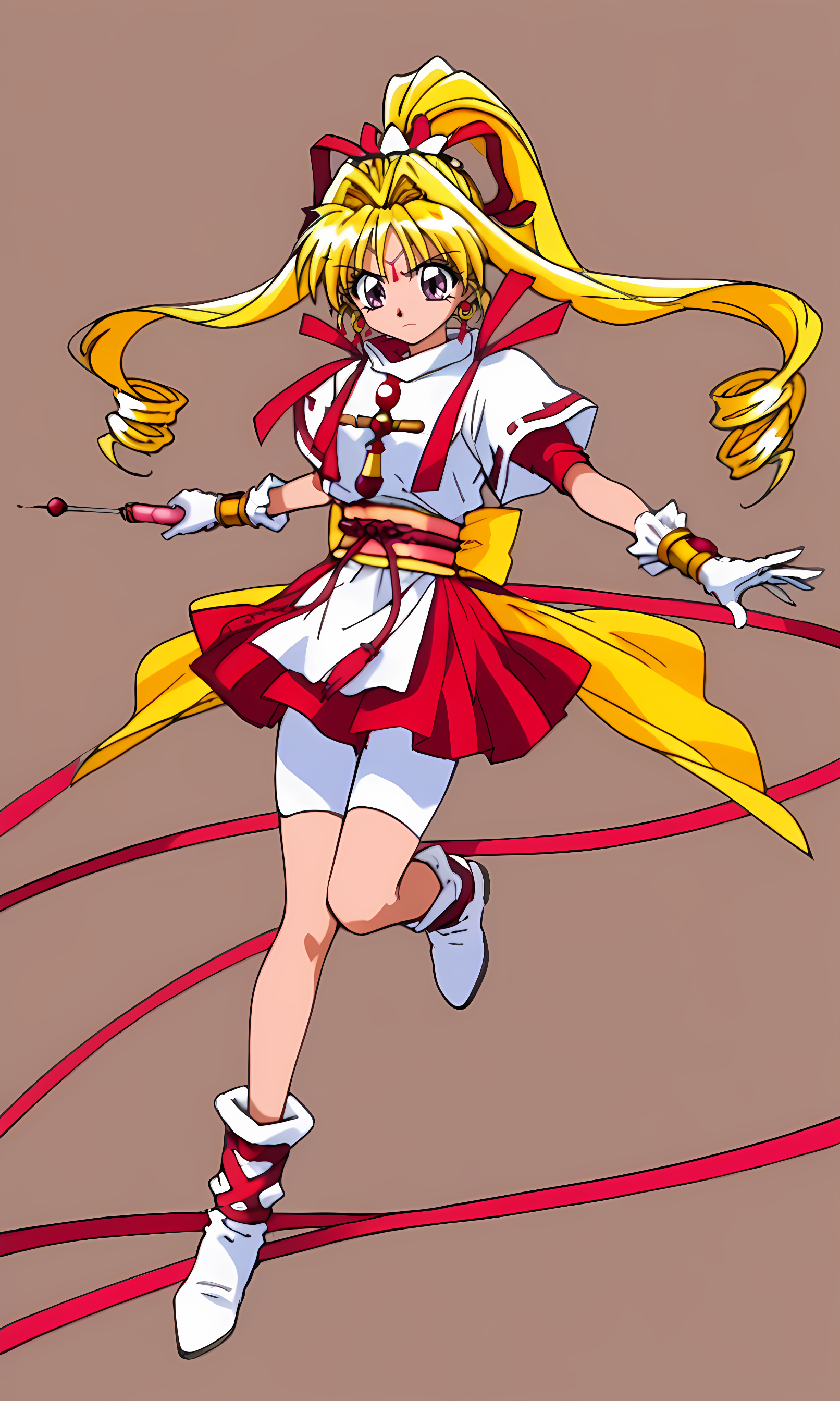 8k, best quality, solo, cute, score_9, score_8_up, score_7_up, 90s anime, masterpiece, source_anime,  KKJs2, artist A style, purple eyes, forehead jewelry, blonde hair, very long hair, hair intakes with drill long sidelocks, one high drill ponytail at the back, red hair ribbon with white octagonal decoration, earrings, red inner clothes with white edges, white outfit, folded standing collar, white collar, white side slit and long shirt tail, red accents on white short sleeves, short red inner sleeves, exposed lower arms, shoulder decorations, red ribbon decorations on shoulders, cross ornament on chest, gold bracelet, long white gloves, (red and yellow sash:1.2), red rope with tassels, large yellow bow, red layered miniskirt, white bike shorts, covering thighs, bare thighs between bike shorts and boots, white boots, red crisscross ribbon wrapping around boots, serious, holding 1ribbon wand, red ribbon, dynamic pose, full body,