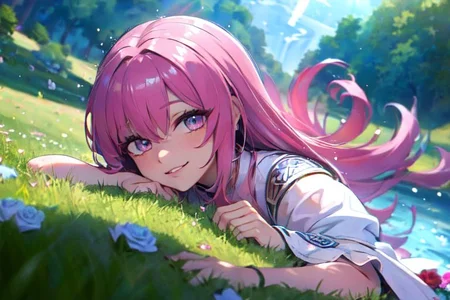 (masterpiece:1.4), 4K8K, (anime style), (high shutterspeed:1.4), (sharp edges),
SyFyEye1, FanFo,
1woman hands togather, leaning foward, face focus, smile, closed mouth,
wearing Celtic style dress, (Detailed face, Detailed eyes, Detailed lips), (solo),
pink hair, any colored roses, Fantastic, grass firld, river-side,