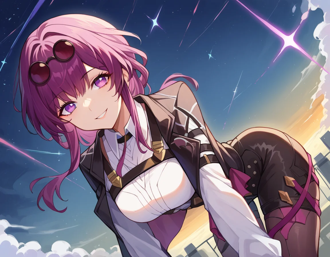 score_9, score_8_up, score_7_up, source_anime,
honkaikafka, <lora:honkai-kafka-ponyxl-lora-nochekaiser:1>,
kafka, eyewear on head, round eyewear, purple eyes, purple hair, long hair, smile,
black jacket, gloves, high-waist shorts, jacket, pantyhose, pantyhose under shorts, shirt, shorts, white shirt
outdoors, space, bent over,
looking at viewer, dutch angle, cowboy shot,