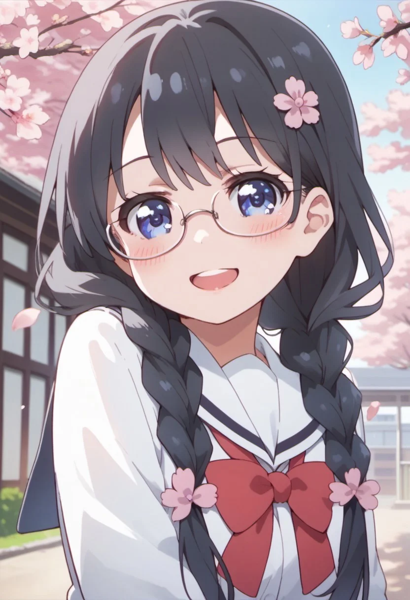 score_9, score_8_up, score_7_up, source_anime, shirosaki hana, long hair, black hair, blue eyes, 1girl, glasses, solo, twin braids, braid, school uniform, cherry blossoms, hair ornament, open mouth, smile, looking at viewer, petals, blush
