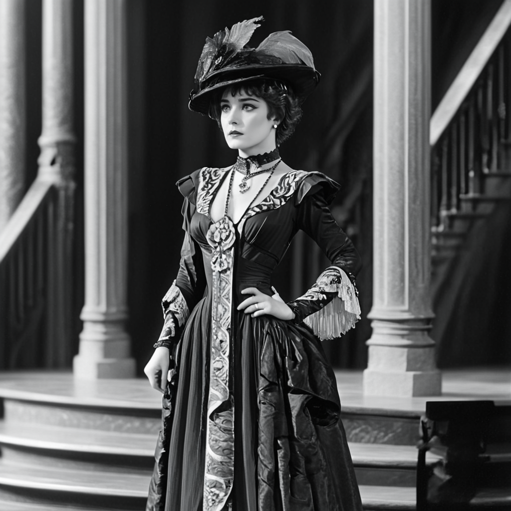 <lora:1900s_Drama_MovieSDXL:1> ArsMovieStill, movie still from a 1900s drama movie, The image shows a woman in a black and white dress standing on a stage with a staircase pillars and a railing in the background., 1girl, greyscale, monochrome, solo, dress, hat, pillar, jewelry, short hair, long sleeves