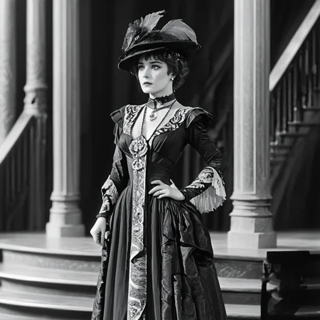 <lora:1900s_Drama_MovieSDXL:1> ArsMovieStill, movie still from a 1900s drama movie, The image shows a woman in a black and white dress standing on a stage with a staircase pillars and a railing in the background., 1girl, greyscale, monochrome, solo, dress, hat, pillar, jewelry, short hair, long sleeves