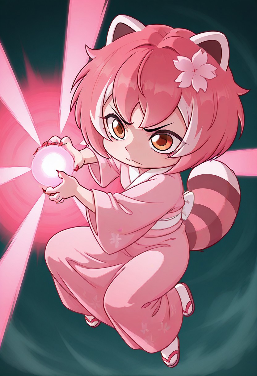 Masterpiece, best quality, amazing quality, absurdres, highly detailed, very aesthetic, solo, 1girl, Pnd-S@kura-vkstickrs, girl, pink-red panda tail, short pink hair, traditional light pink kimono, white belt, orange eyes, red claws, cherry blossom flower in hair, chibi, kamehameha, energy ball, aura, midair, floating,