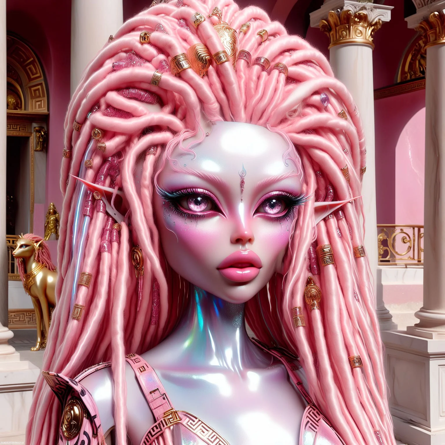 <lora:AlinaXL:0.6> <lora:DalleDollXL:0.8> <lora:DGlitter:0.8> beautiful alien elf girl with big detailed eyes and huge lips , glitter pink skin , long big glass pink dreadlocks , wearing marble glitter versace fashion , in a ancient rome background , beautiful detailed face , slim body , highly detailed , rococo , digital painting , cg society contest winner, fantasy art , iridescent ,8k , realistic , detailed face , highly detailed ,hyper detailed