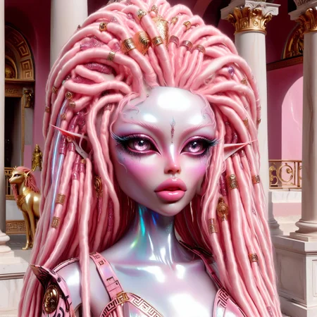 <lora:AlinaXL:0.6> <lora:DalleDollXL:0.8> <lora:DGlitter:0.8> beautiful alien elf girl with big detailed eyes and huge lips , glitter pink skin , long big glass pink dreadlocks , wearing marble glitter versace fashion , in a ancient rome background , beautiful detailed face , slim body , highly detailed , rococo , digital painting , cg society contest winner, fantasy art , iridescent ,8k , realistic , detailed face , highly detailed ,hyper detailed