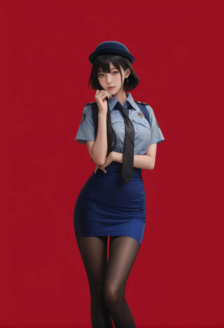 1girl,solo,red background,,ruanyi0820,black necktie,hat,blue shirt,blue skirt,black pantyhose,short sleeves,<lora:0820 tokisaki kurumi policewoman fan costume_v1_pony:1>, score_9,score_8_up,score_7_up,,8k,1girl,solo,,