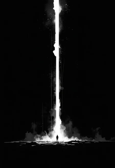 A vast, endless void of pure black, where light itself seems to be devoured. At the very bottom of the composition, barely distinguishable from the abyss, stands a lone silhouette—small, fragile, unknowable. A single, narrow ray of cold, pale light cuts through the darkness, illuminating a tiny patch of the unseen ground near the figure. The beam feels almost divine, out of place, as if some higher force is acknowledging this lone presence in the void. Dust particles float within the beam, shimmering like lost stars in a dead universe. The silence is suffocating, yet heavy with unspoken meaning—something lingers beyond the edges of perception, an untold story unfolding in the pitch-black nothingness.