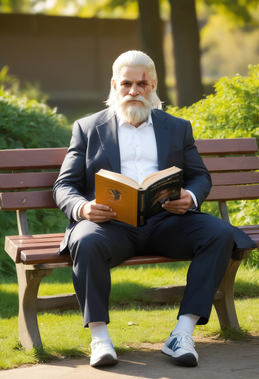 reinhardt sitting on a park bench reading a book,smiling,full body,best quality,8K,UHD,<lora:xl-reinhardt-000012:0.8>,scar across eye,beard,white hair,