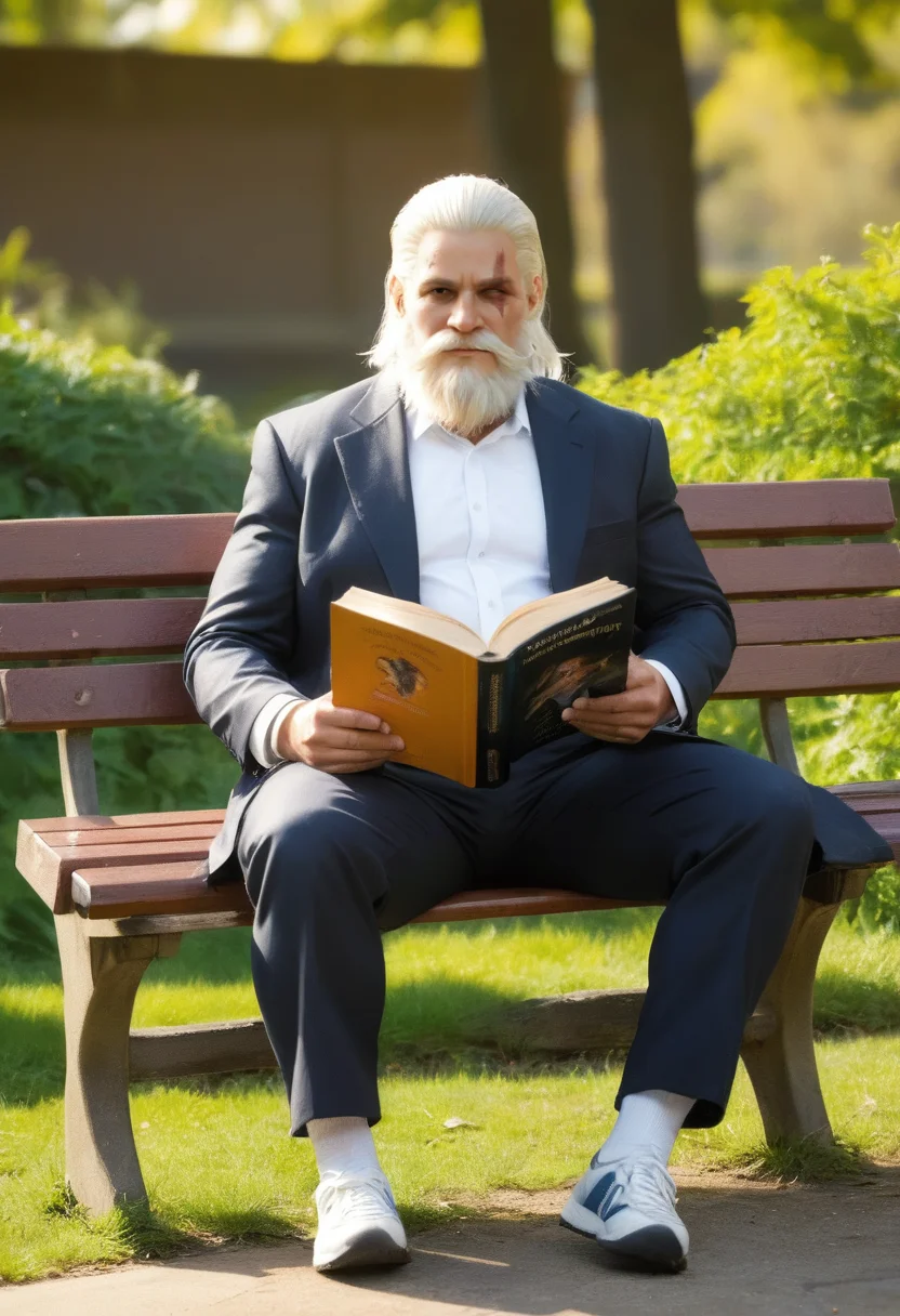 reinhardt sitting on a park bench reading a book,smiling,full body,best quality,8K,UHD,<lora:xl-reinhardt-000012:0.8>,scar across eye,beard,white hair,