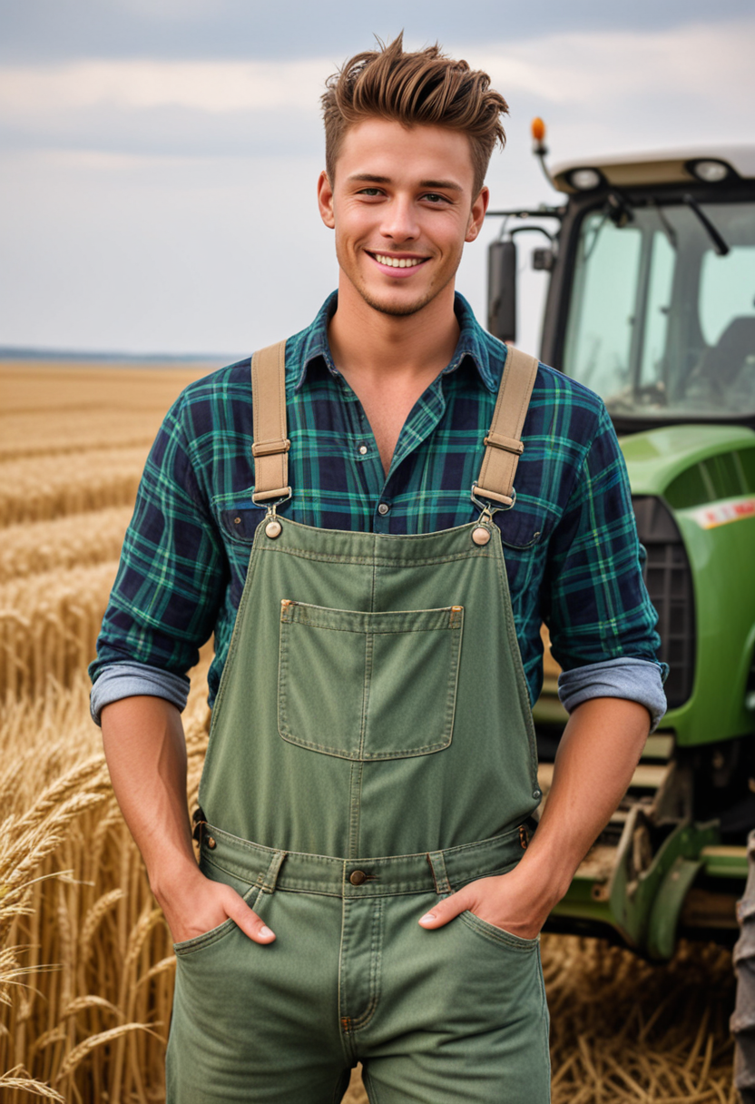 (medium full shot) of (charming farmer) young man, brazilian, tan skin, green eyes, full-figured build, long brown french twist hair,  wearing a plaid shirt, denim overalls, muddy boots, overalls, set in  Wheat Field, golden waves of wheat swaying in the wind, a combine harvester in the distance, the smell of freshly cut straw, a tractor parked at the edge, in the afternoon, woman smiling, Masterpiece,best quality, photo, realistic, very aesthetic, detailed face,