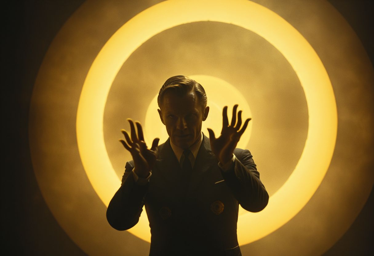 Bama1966 Style, Describe the silhouette of batmans glitched hands casting circular spells, circular vibrant glowing yellow rings in each hand,  against a bleaked black backdrop in the style of the iconic 1977 James Bond opening sequence, shrouded in black silhouette, illuminated from behind by a spotlight cutting through mist.
atmospheric haze, Film grain, cinematic film still, highly detailed, high budget, cinemascope, moody, epic, OverallDetail, gorgeous, 2000s vintage RAW photo, photorealistic, candid camera, color graded cinematic, eye catchlights, atmospheric lighting, skin pores, imperfections, natural, shallow dof,