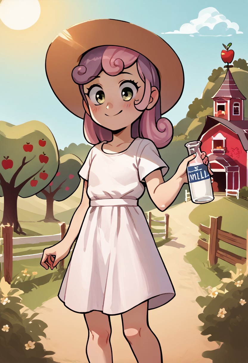 score_9, score_8_up, score_7_up, score_6_up, score_5_up, score_4_up, source_cartoon, flat colors, human sweetie belle, white sun dress, cute, petite, cutest girl in the world, holding a bottle of milk, outdoors, Sweet Apple Acres,