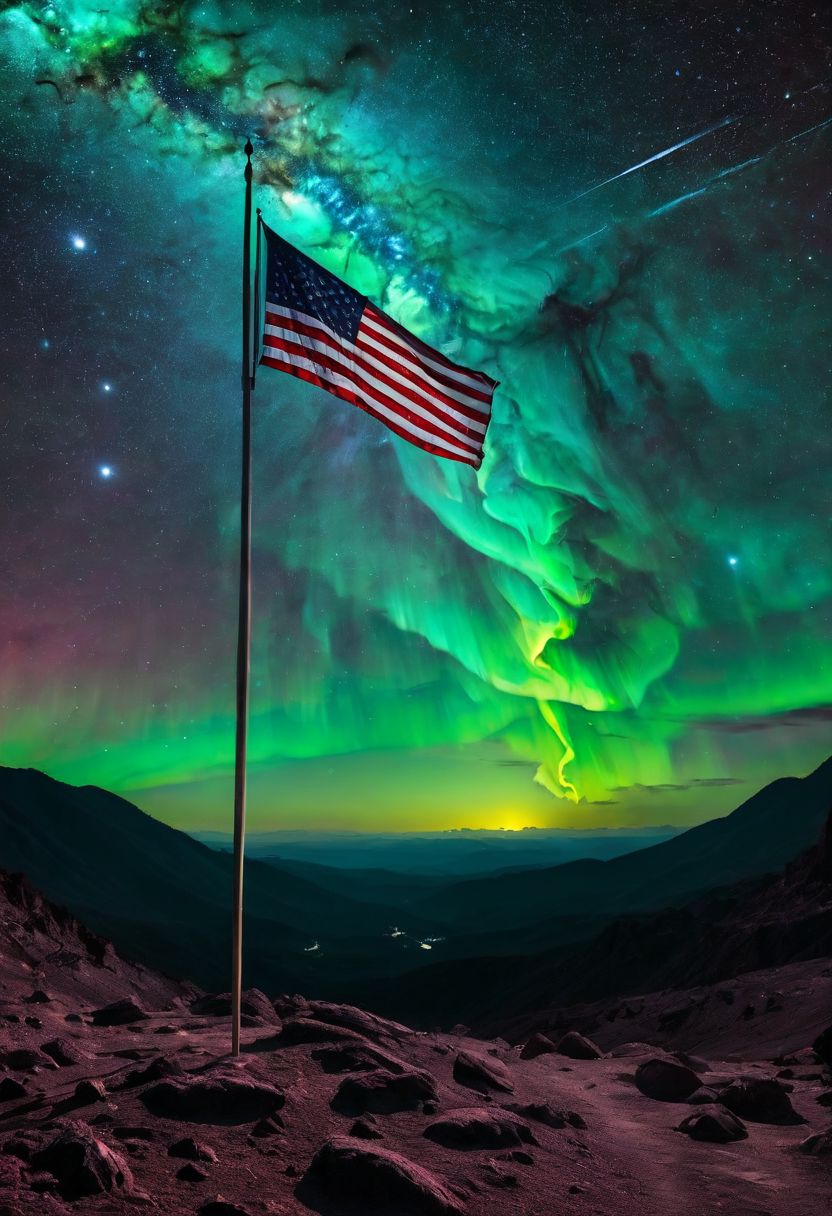 Grim reaper standing next to flag pole (((us flag:1.2) stars and stripes:1.2)) blowing softly in tge wind, overlooking desolate ((volcanic)) valley,  (Illuminati:1.1), (immense detail:1.2)), (deep space, deep galactic travel background),Dark and eavil glow, glow neion paint,  dark, surrealism, defined sharp edges, mystical, (multi-dimensional:1.2), psychedelic art